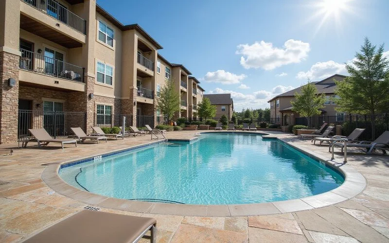 Half-finished amenity deck beside a completed pool at a new complex