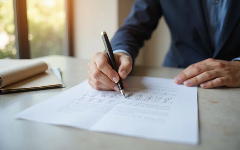Hand signing a short written notice letter on a desk