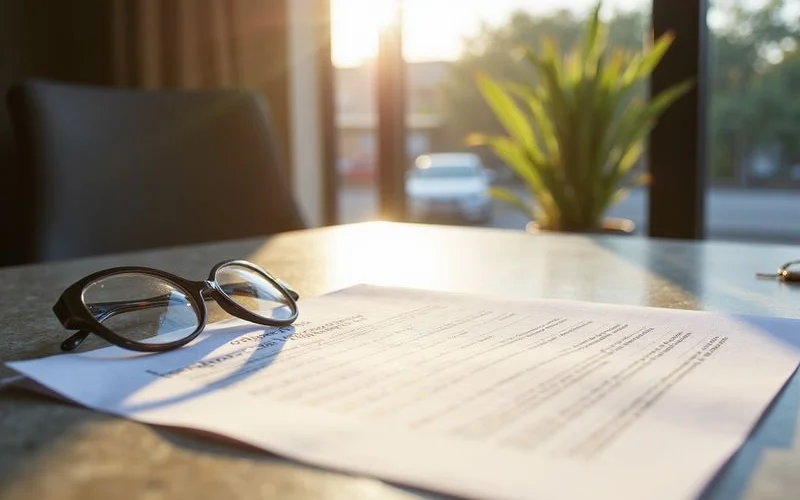 Highlighted paragraph on a printed lease addendum beside reading glasses
