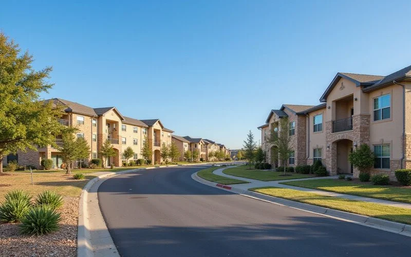 Highway corridor lined with new apartment communities under a clear October sky