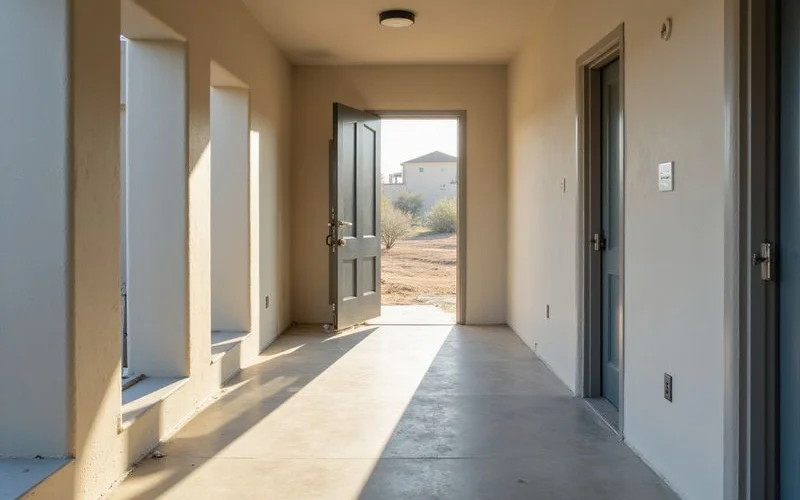 Interior door being adjusted in a new apartment hallway