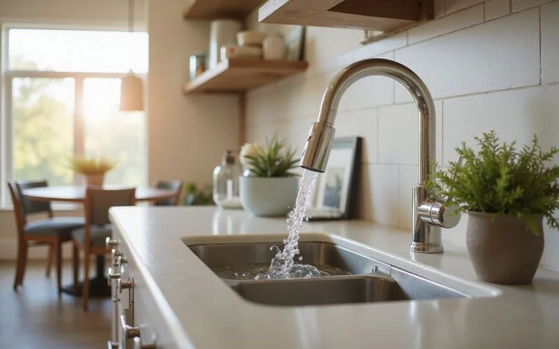 Kitchen faucet running clear water into a new stainless sink