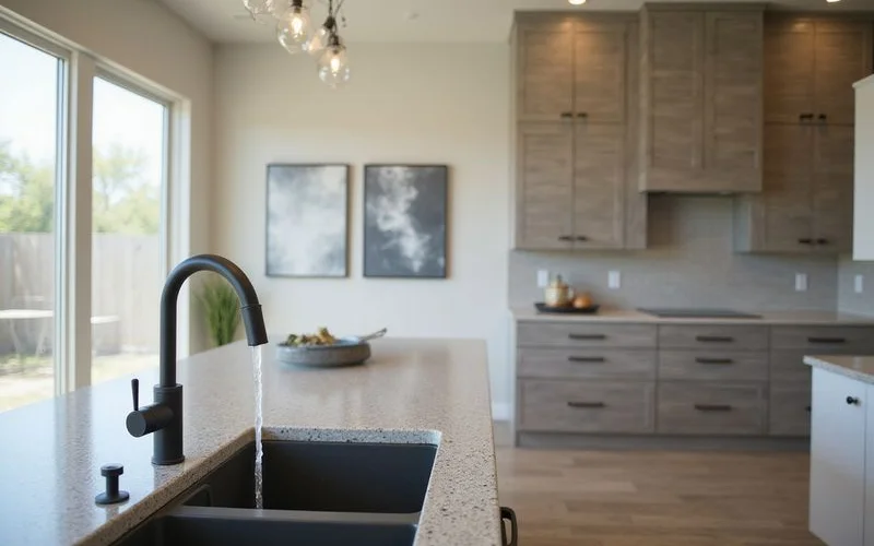 Kitchen sink with water running from a new faucet during a move-in inspection