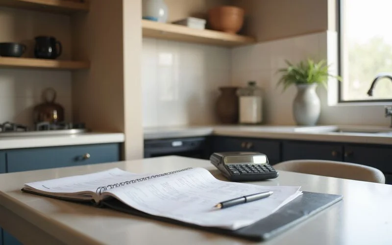 Kitchen table with a notebook and calculator in a bright apartment