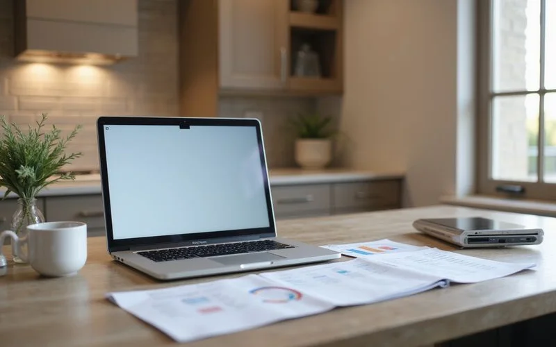 Laptop showing a blank video call window beside a printed timeline