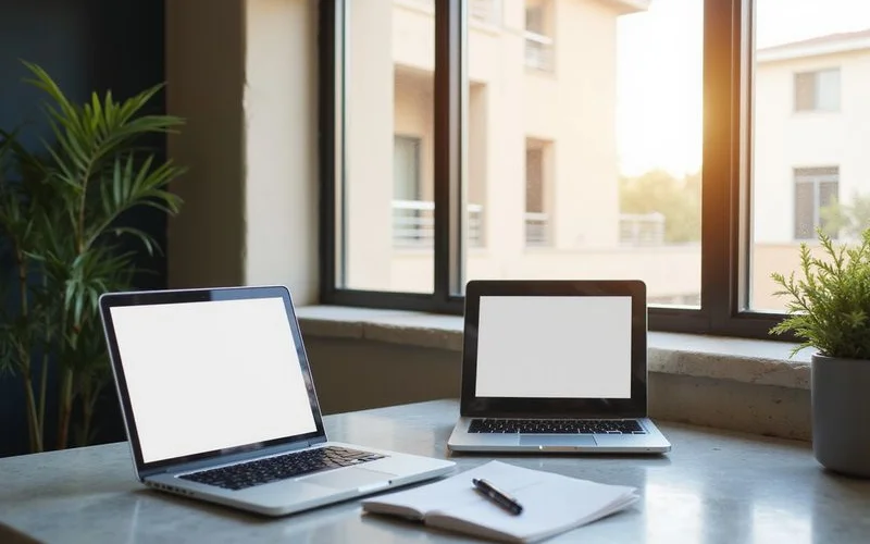 Laptop showing a blank online fee calculator on a desk