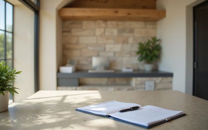 Leasing office counter with a closed folder and a pen