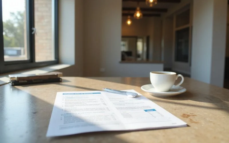 Leasing office desk with a printed rent report and a coffee cup in natural light