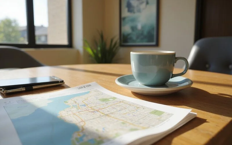 Leasing office table with a city map printout and a coffee cup