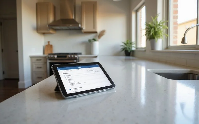 Maintenance request form on a tablet in a bright apartment kitchen