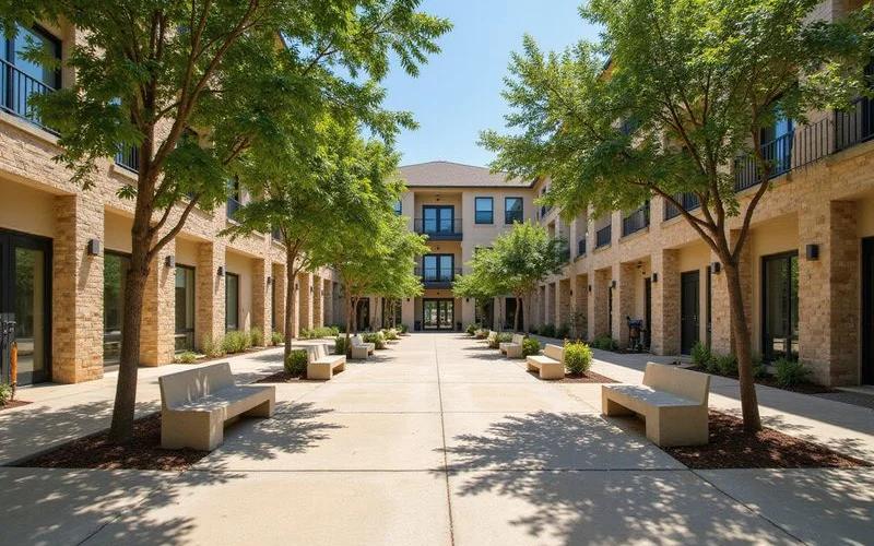 Apartment courtyard with benches, shade trees, and limestone planters