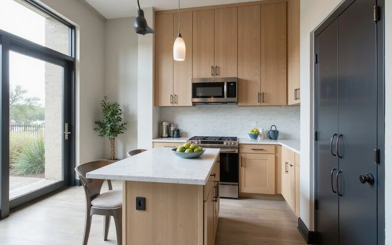 Model unit kitchen in a pre-leasing building with quartz counters