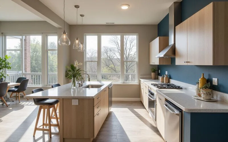 Model unit kitchen in a pre-leasing building with quartz counters