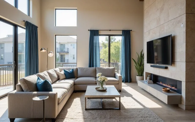 Model unit living area with slate blue accents and afternoon sun