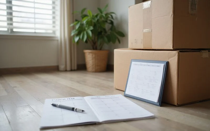 Moving boxes and a calendar on the floor of a current apartment
