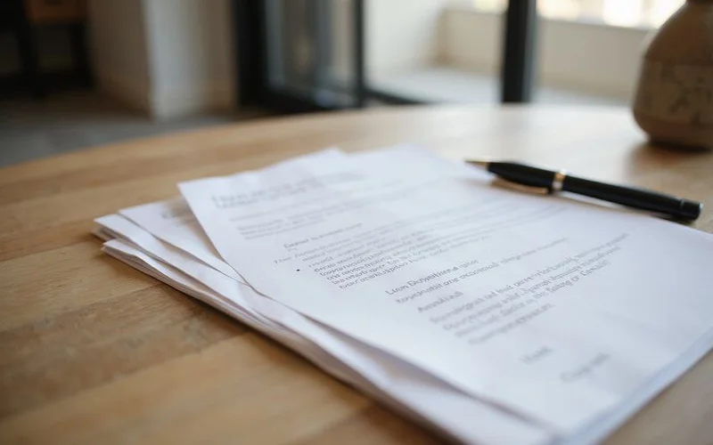 Neat stack of documents beside a pen on a light oak desk