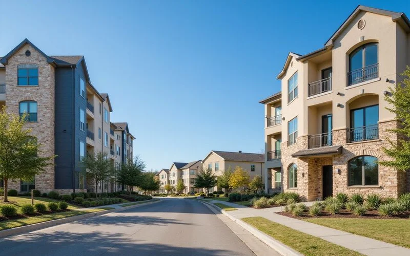 Street with new apartment buildings of different heights under a clear sky