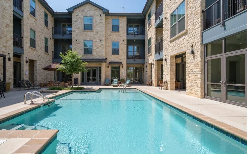 Apartment pool and fitness center entrance with limestone walls
