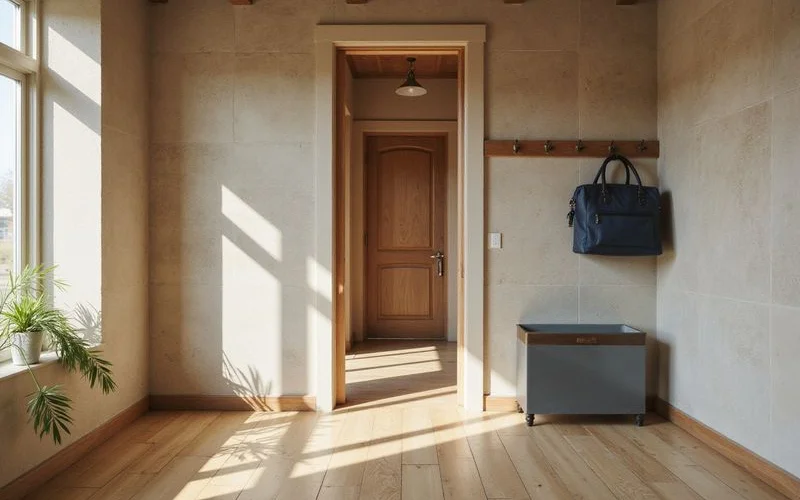 New apartment entry with a commuter bag on a hook