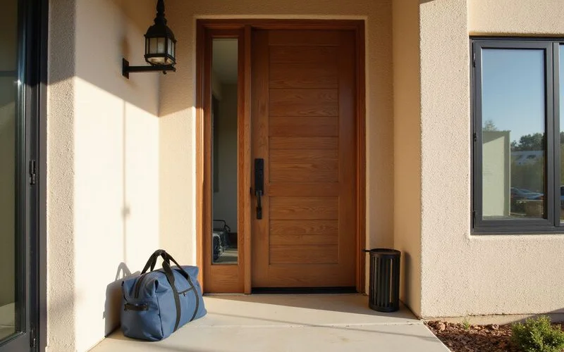 New apartment front door with a packed duffel bag beside it