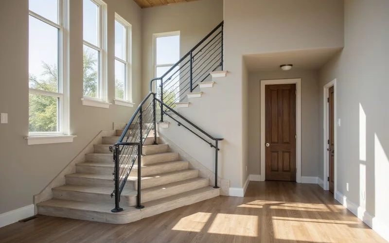 New townhome interior with stairs and wide windows