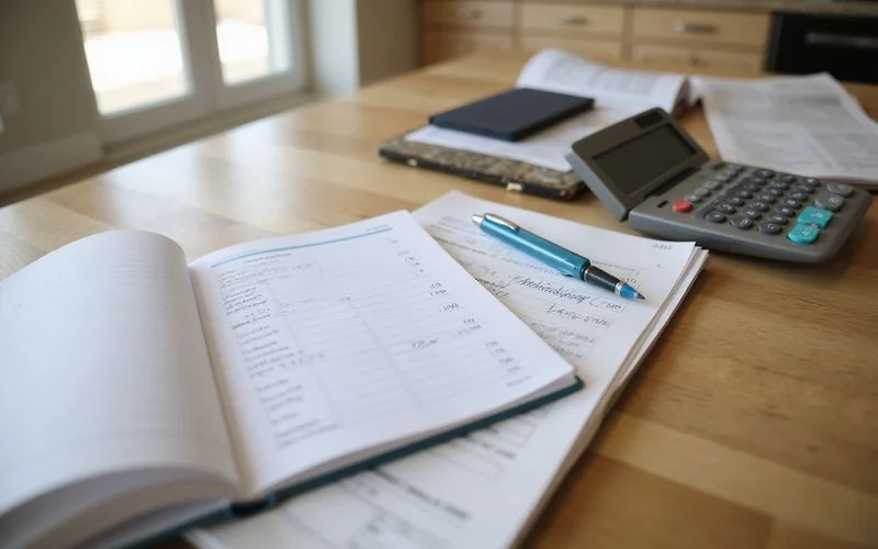 Notebook with budget columns and a calculator on a kitchen table