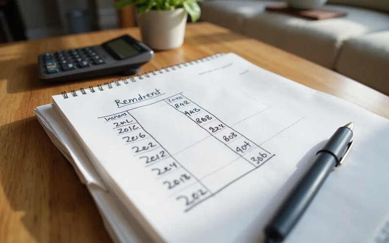 Notebook with two rent columns beside a calculator on an oak table