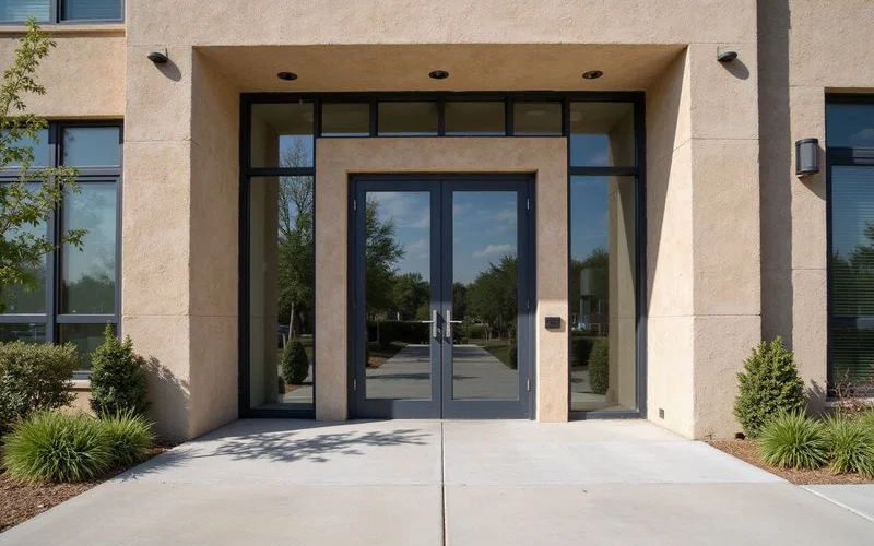 Leasing office entrance of a new apartment community with glass doors