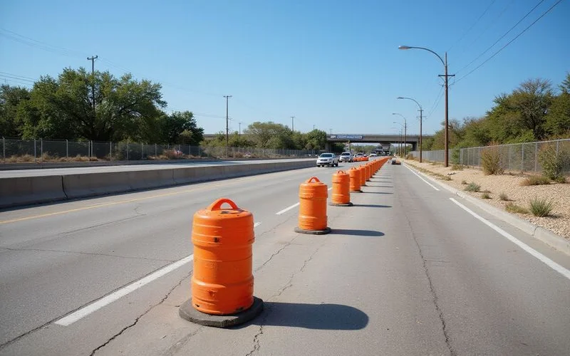 Construction barrels lining a highway lane shift on a clear morning