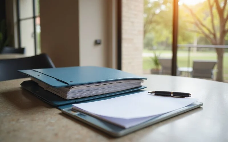 Organized document folder with tabs on a leasing office table
