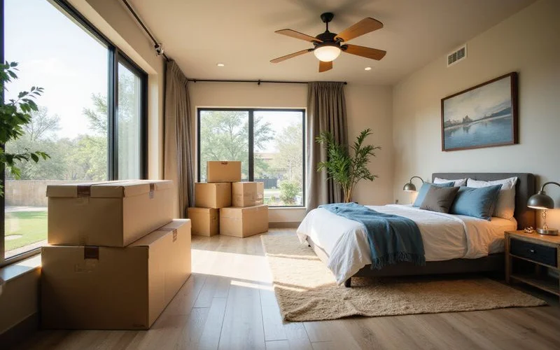 Packed moving boxes in a temporary furnished room