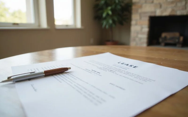 Pen resting on the signature line of a printed lease page