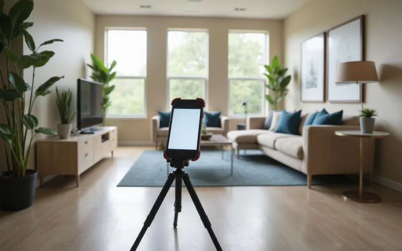 Phone on a tripod in a new apartment living room, set up for a video tour