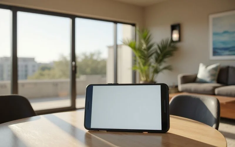 Phone showing a blank video call screen in a sunny apartment living room