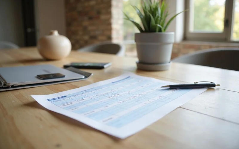 Printed scorecard sheet with six rows on a desk beside a pen