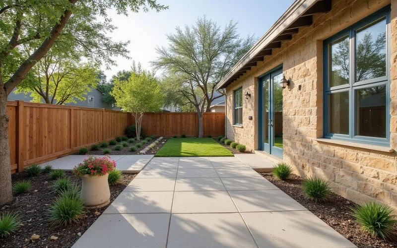 Private fenced backyard of a new rental cottage with a small patio