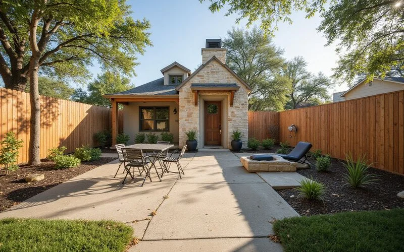 Private fenced backyard of a new rental cottage with young landscaping