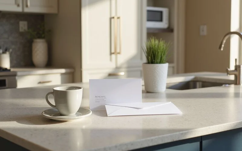 Renewal letter envelope on a kitchen counter in soft morning light