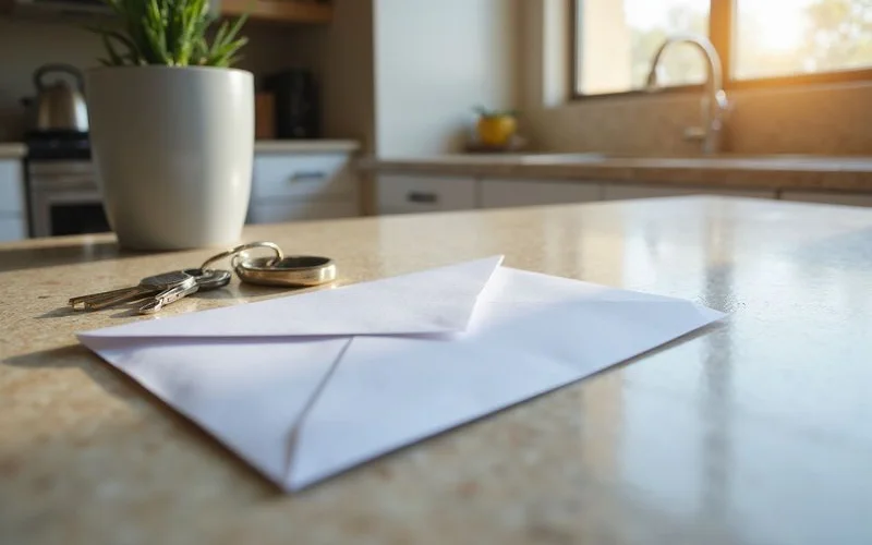 Renewal letter envelope on a kitchen counter beside keys