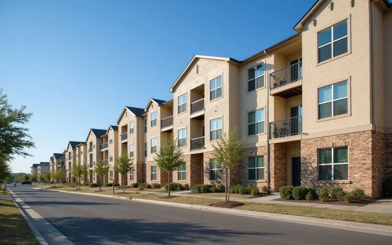 Recently completed apartment buildings in lease-up along a suburban boulevard