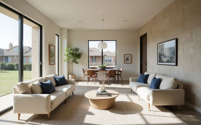 Simple new one-bedroom living area with neutral furniture and wide windows