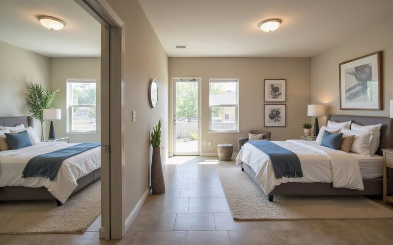 Split floor plan hallway between two bedrooms in a new apartment