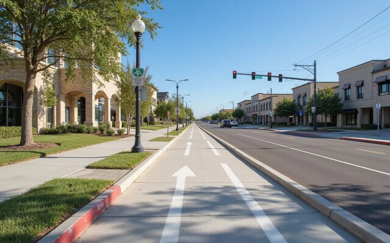 Street corridor being prepared for a new bus lane with fresh curbs
