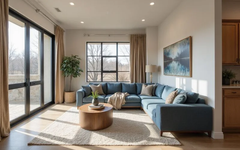 Sunlit new apartment living room in winter light with a throw blanket on a slate blue sofa