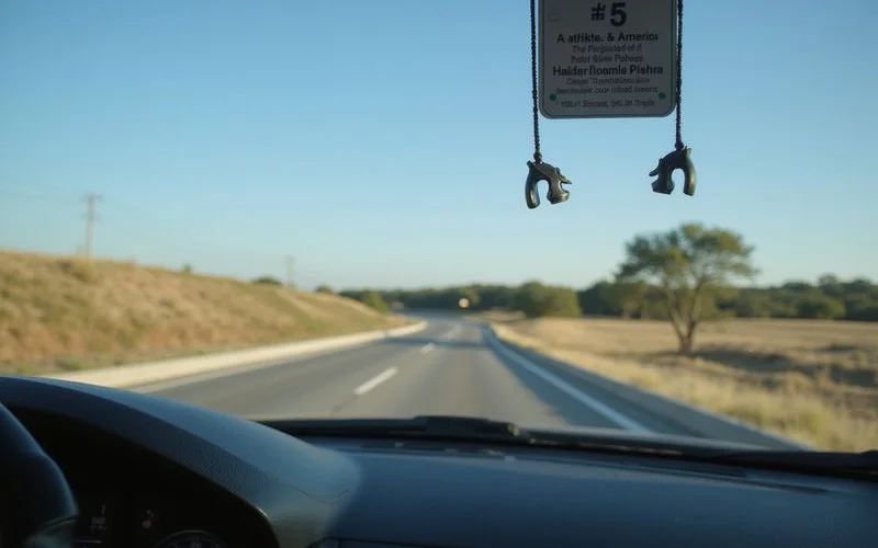 Toll tag on a car windshield with a highway ahead