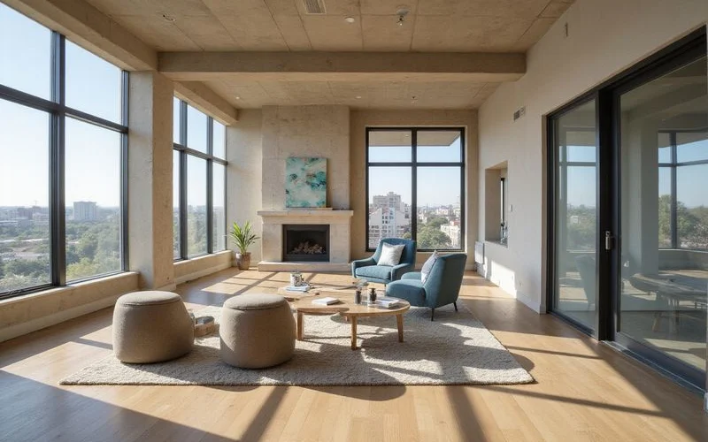 Top-floor corner apartment living room with two walls of windows