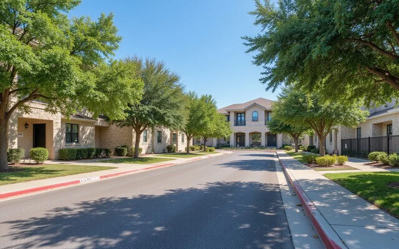 Tree-lined frontage road beside a new apartment community in bright sun