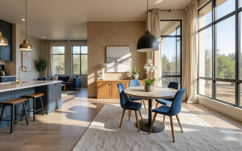 Two-bedroom new apartment living area with a dining table and wide windows