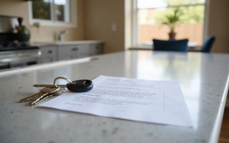 Two sets of keys on a kitchen counter beside a printed lease