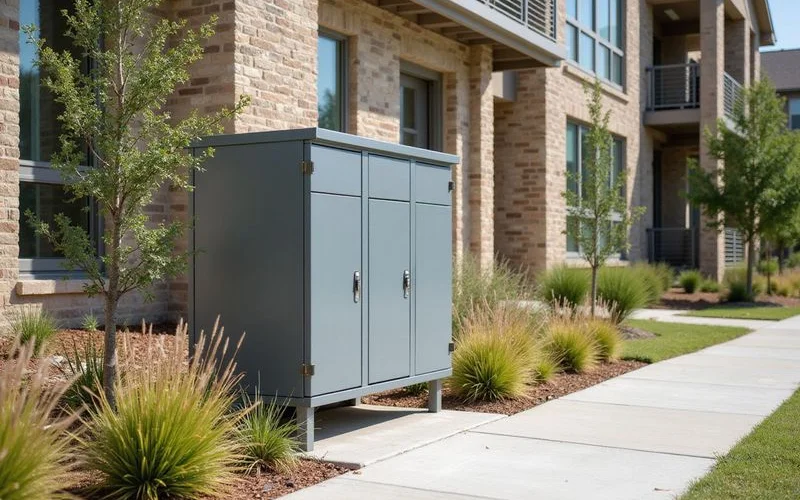 Utility boxes beside a sidewalk at a new apartment community